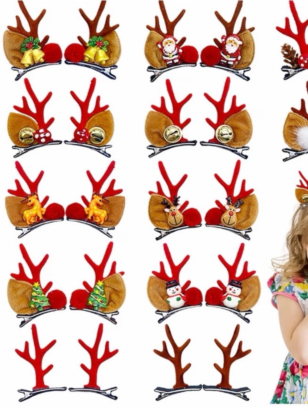 NEW! Kids Red Reindeer Antler Hair Clips - Festive Holiday Set of 10